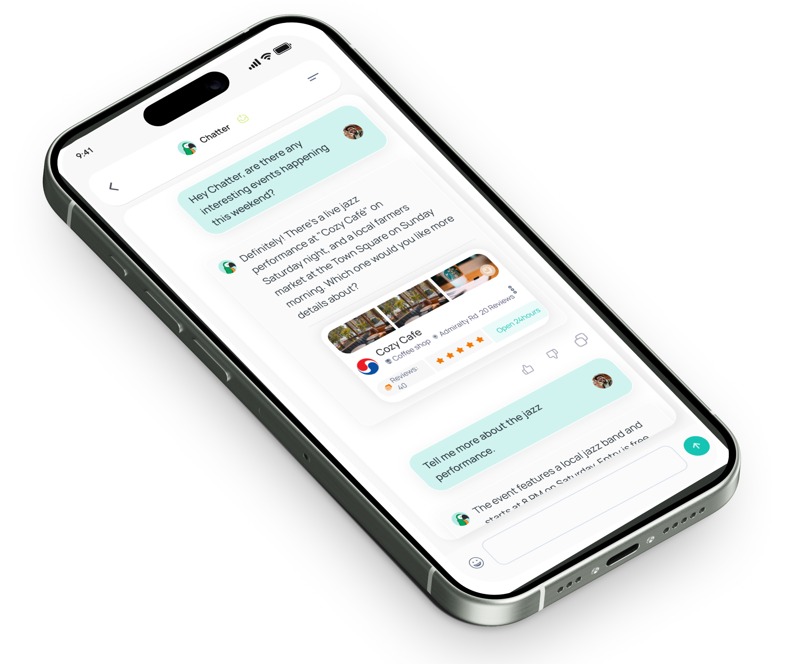 iPhone showing Lora AI chat interface with local recommendations